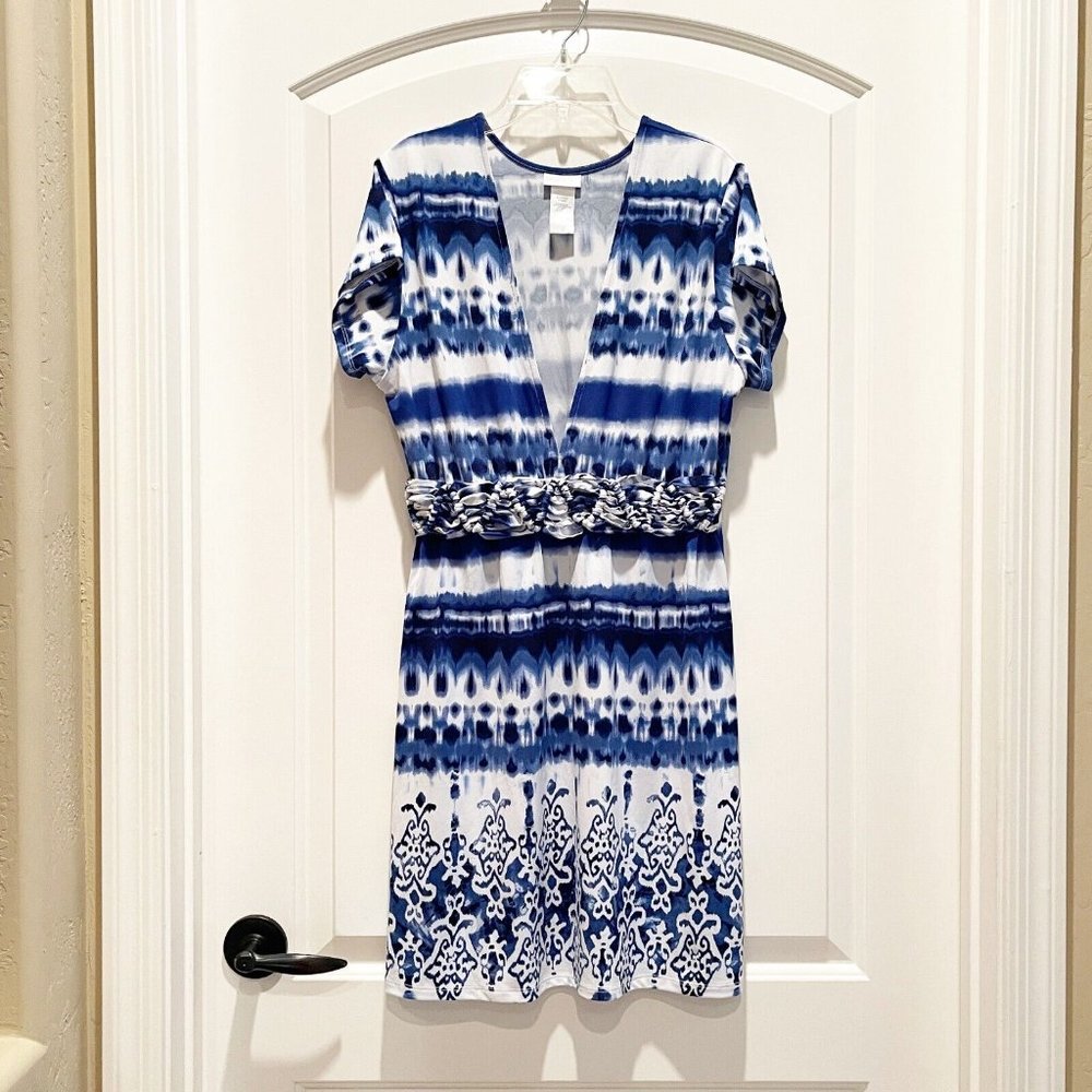 New Dotti Blue White Tie Dye Stretch Knit V Neck Swim Cover Dress Small